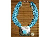 Collier Perles Multi-rangs Bleu Turquoise Pendentif Tribal mn50